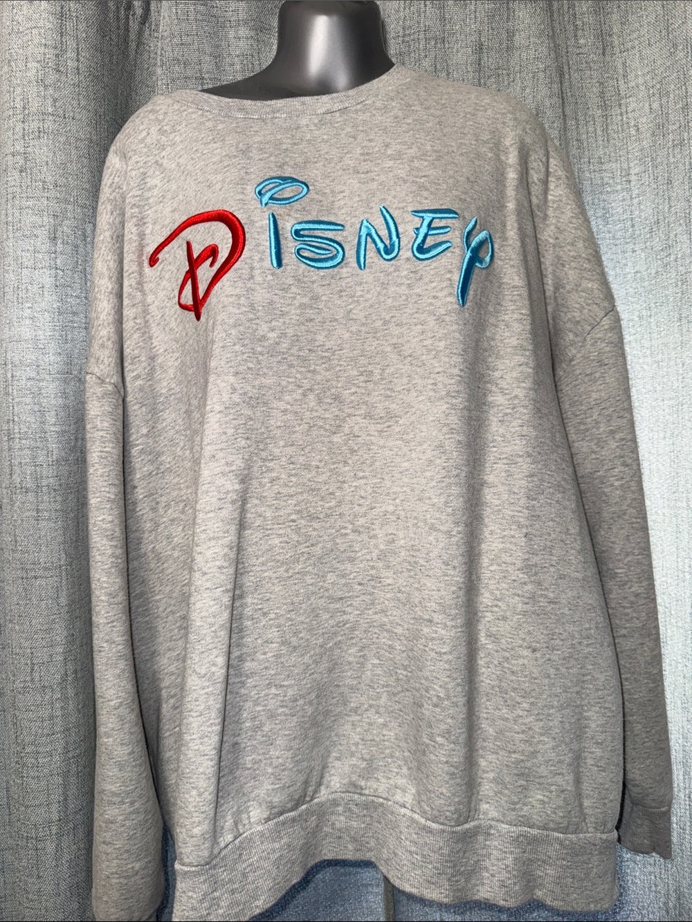 Retro Disney Gray Crewneck Sweatshirt with Red & Blue Embroidered Logo